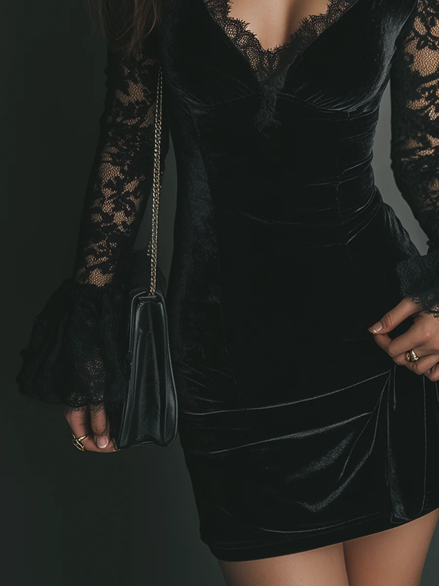Poppy | Black Velvet Mini Dress Long Sleeve
