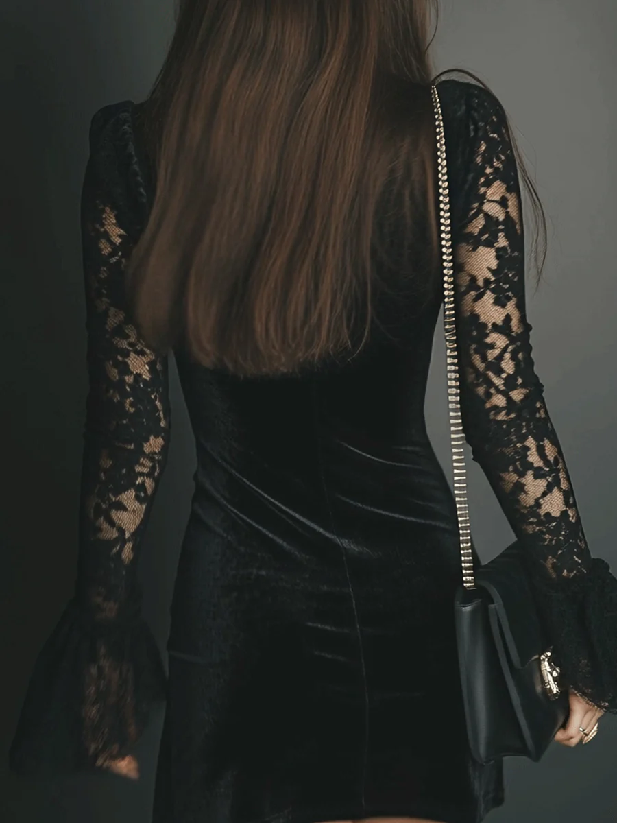 Poppy | Black Velvet Mini Dress Long Sleeve