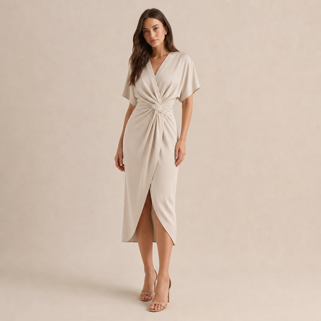 Womens wedding guest midi wrap dress, view 1