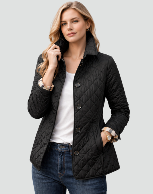Womens quilted collarless jacket, view 1