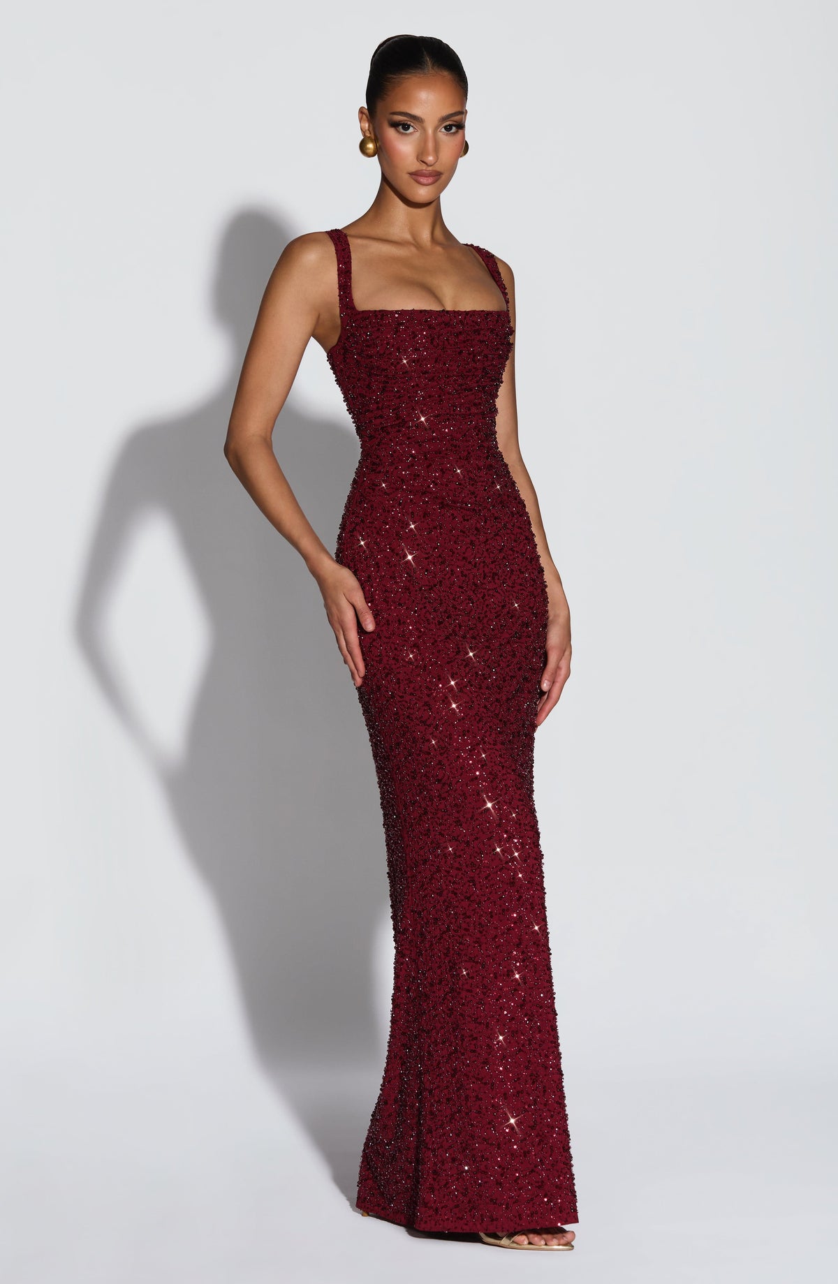 Beatrice womens burgundy sequin maxi dress