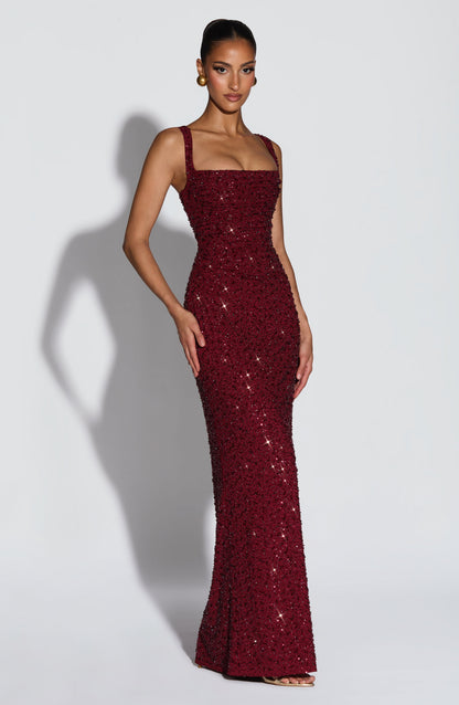 Beatrice womens burgundy sequin maxi dress