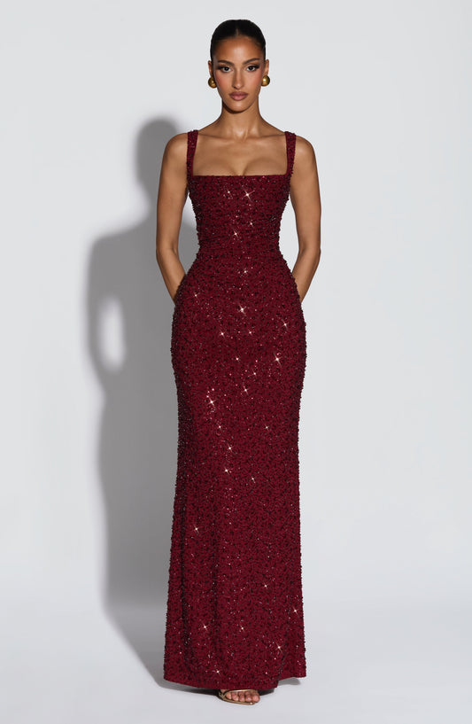 Beatrice womens burgundy sequin maxi dress