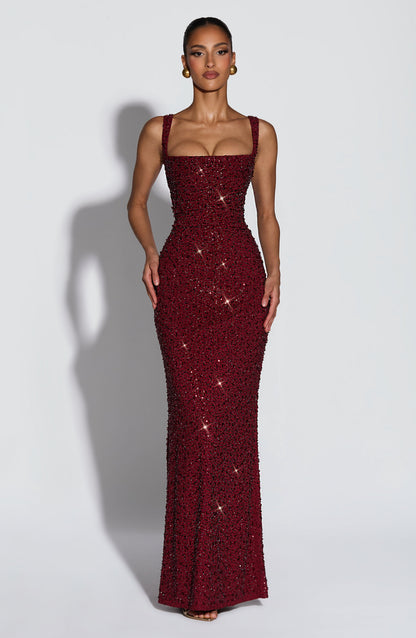 Beatrice womens burgundy sequin maxi dress