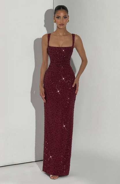 Beatrice womens burgundy sequin maxi dress