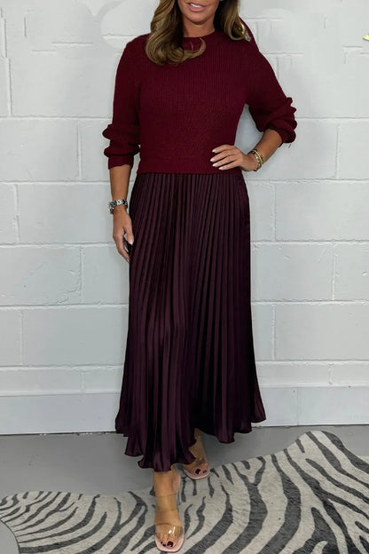 Womens knit jumper pleated satin skirt co-ord set, view 4