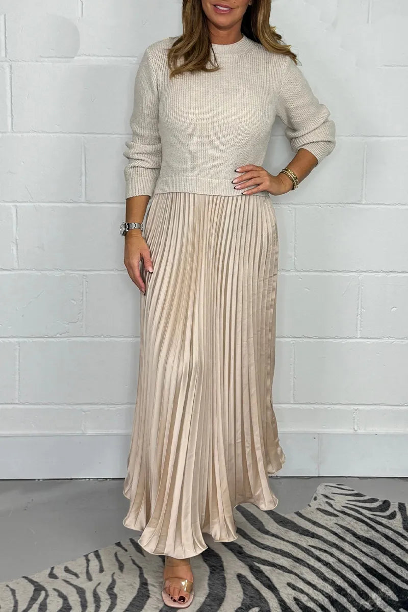 Womens knit jumper pleated satin skirt co-ord set, view 2