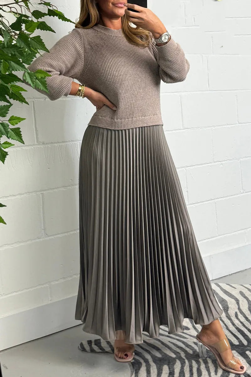 Womens knit jumper pleated satin skirt co-ord set, view 1