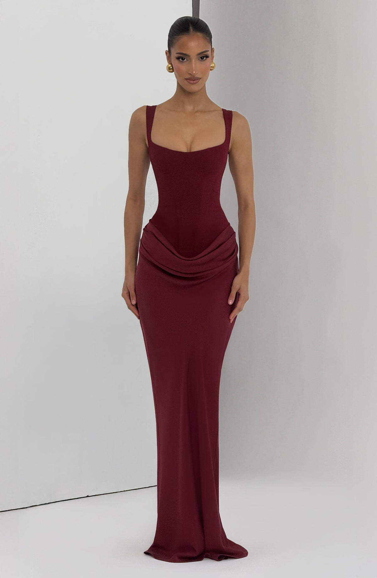 Daisy | Dark Red Satin Maxi Dress Square Neckline