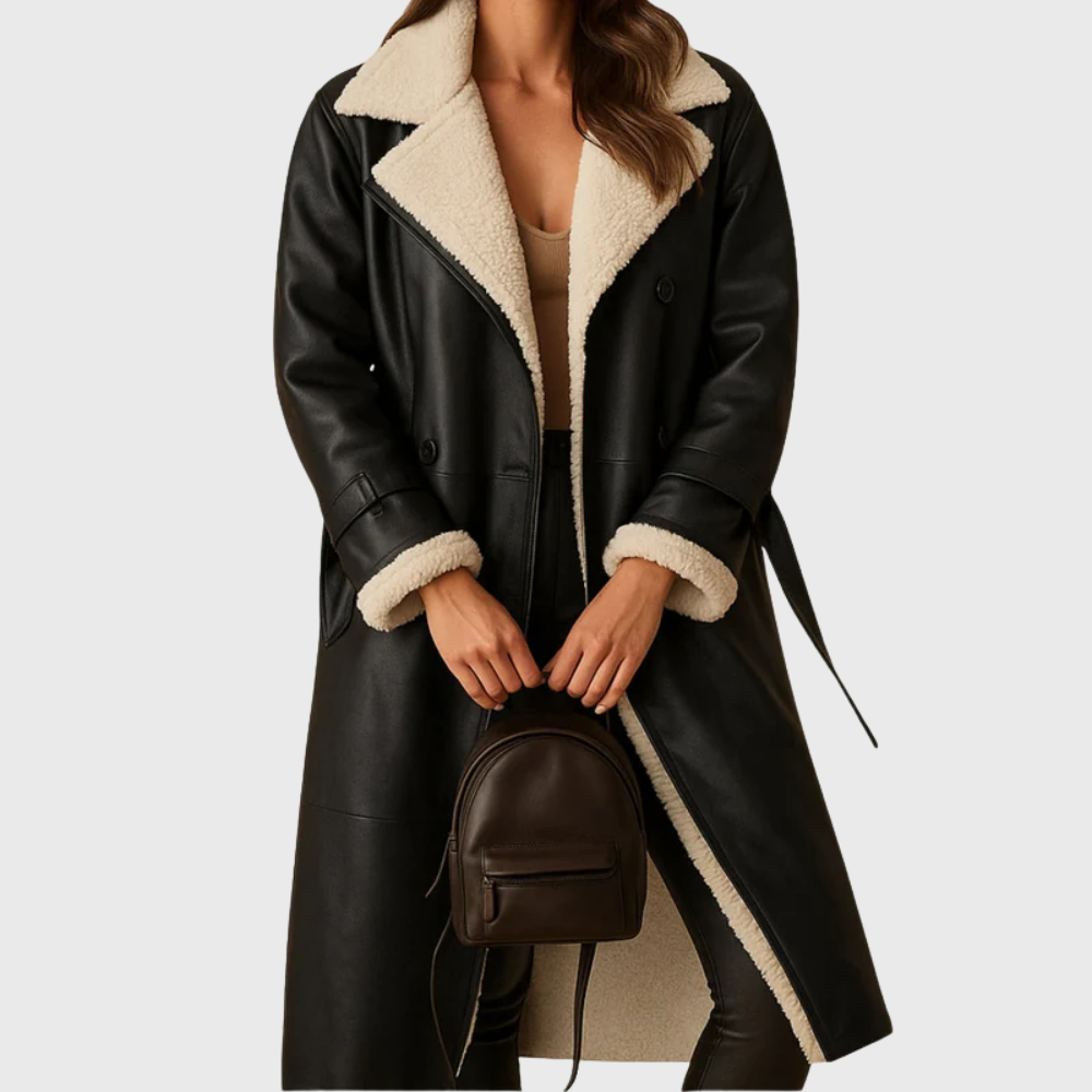 Womens longline faux shearling belted coat, view 1