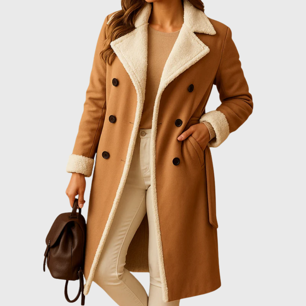 Womens longline faux shearling belted coat, view 2