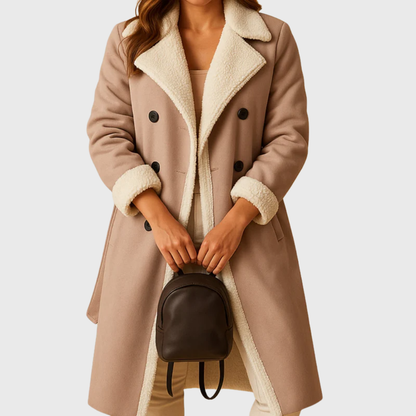 Womens longline faux shearling belted coat, view 3