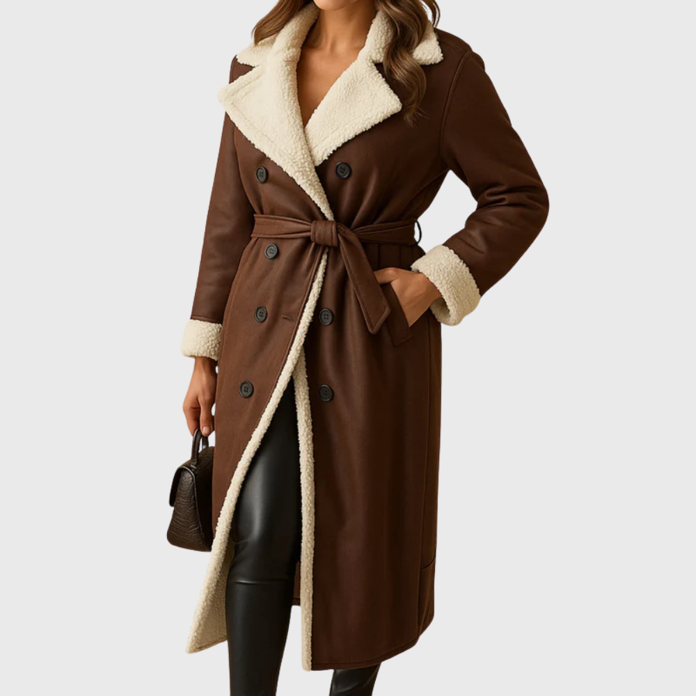 Womens longline faux shearling belted coat, view 4