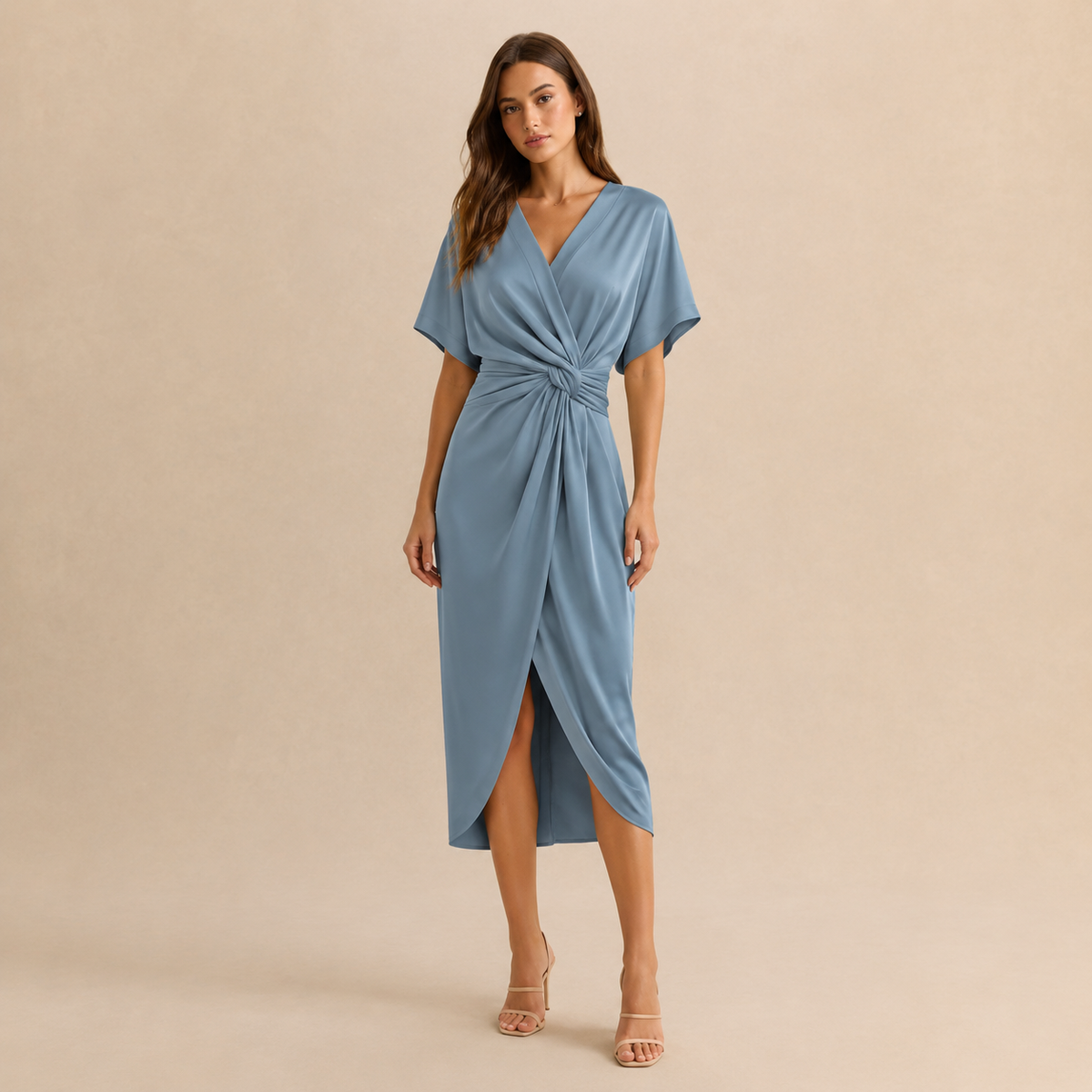 Womens wedding guest midi wrap dress, view 2