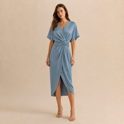 Womens wedding guest midi wrap dress, view 2