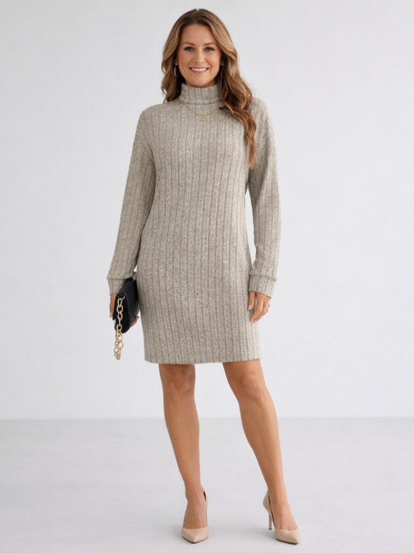 Florence | Beige Cable Knit Turtleneck Dress