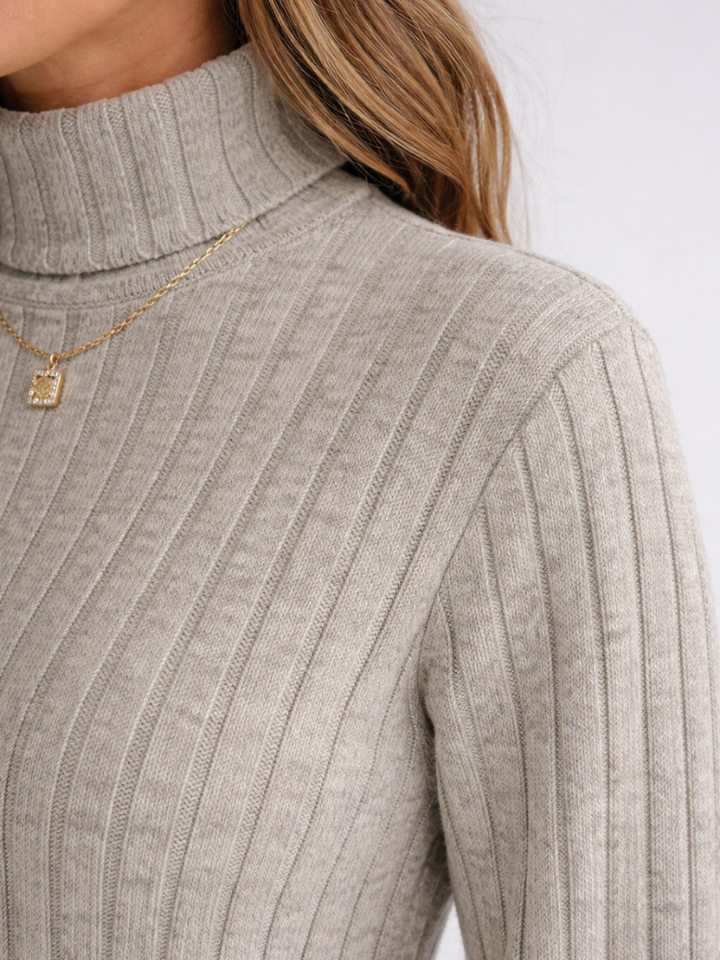 Florence | Beige Cable Knit Turtleneck Dress