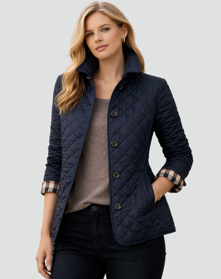 Womens quilted collarless jacket, view 5