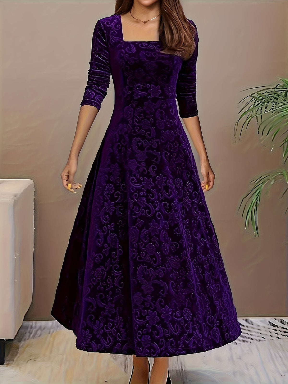 Thea womens velvet floral midi dress
