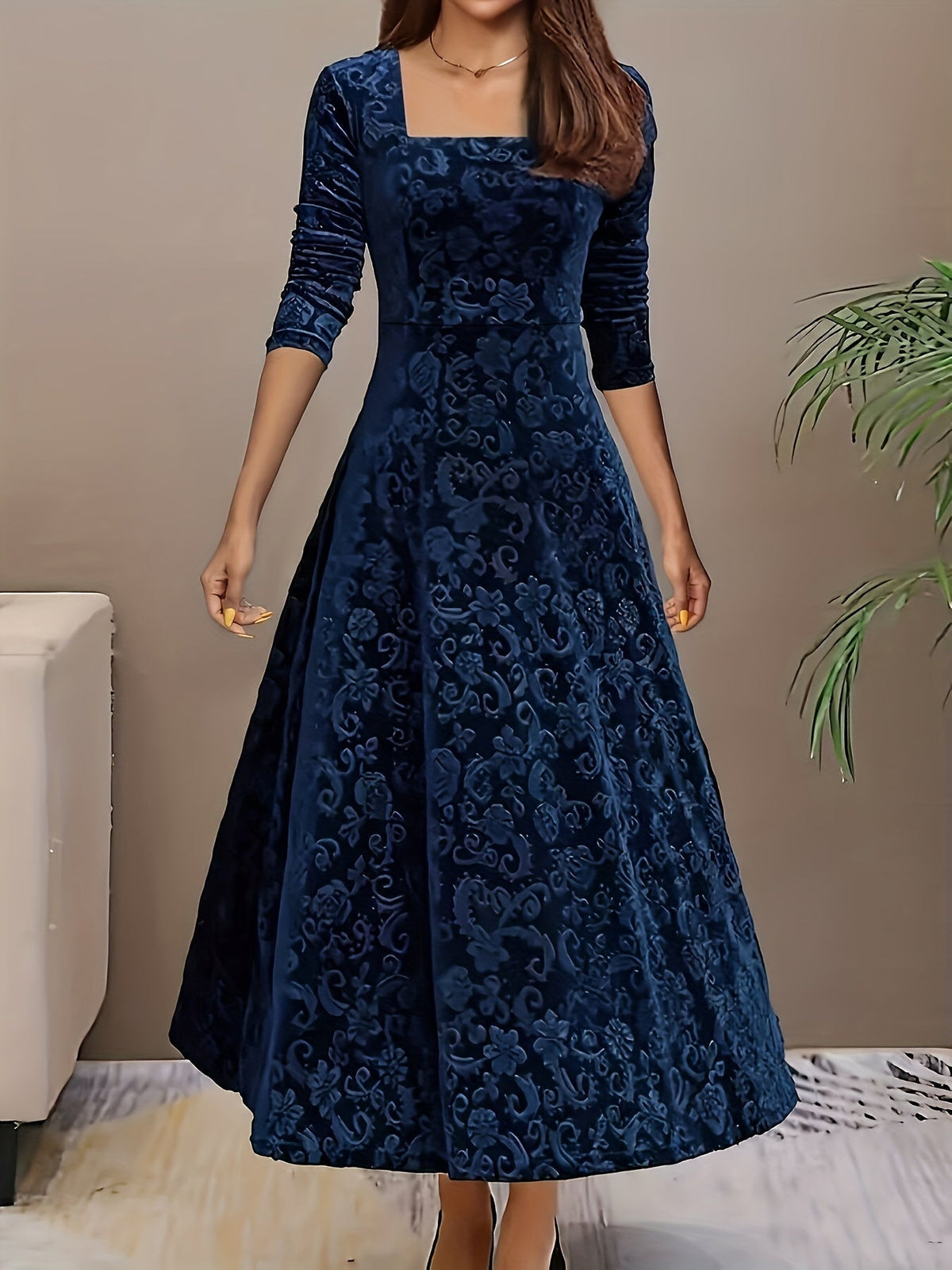 Phoebe | Velvet Floral Square Neck Midi Dress
