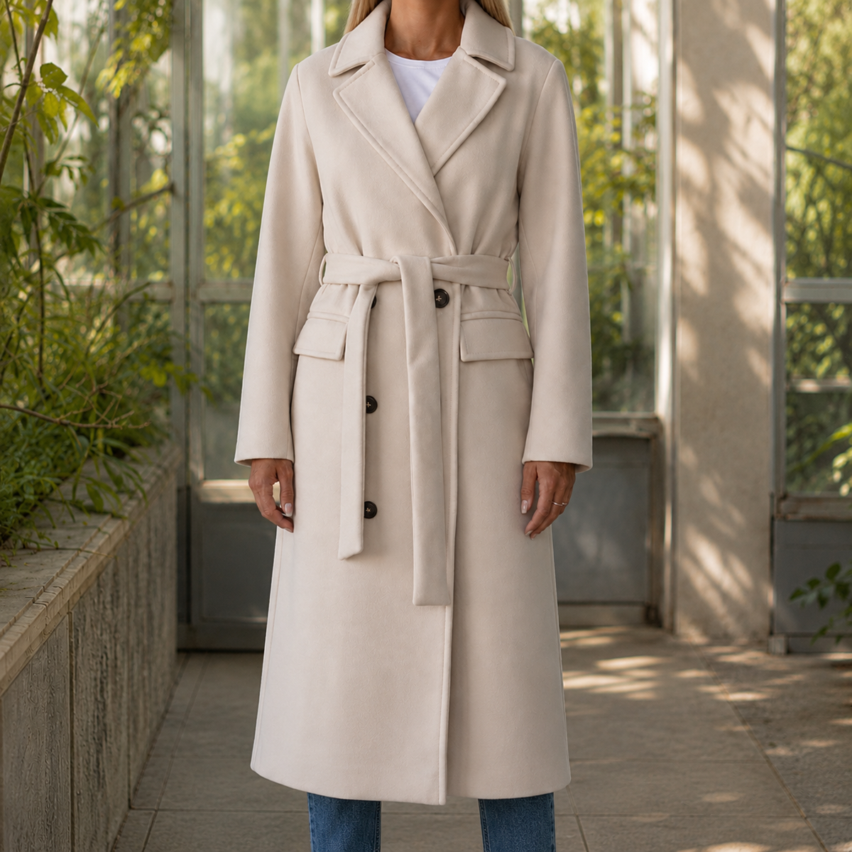 Womens belted longline coat, view 1