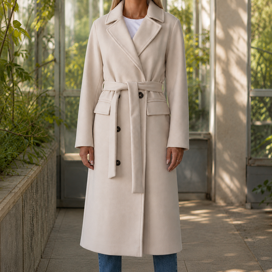 Womens belted longline coat, view 1