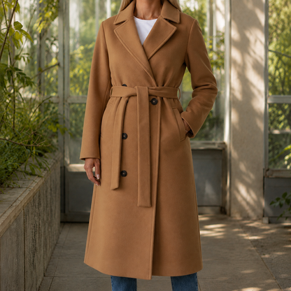 Womens belted longline coat, view 2