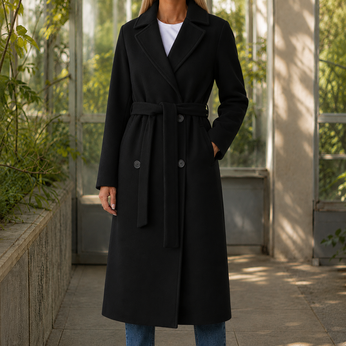 Womens belted longline coat, view 3