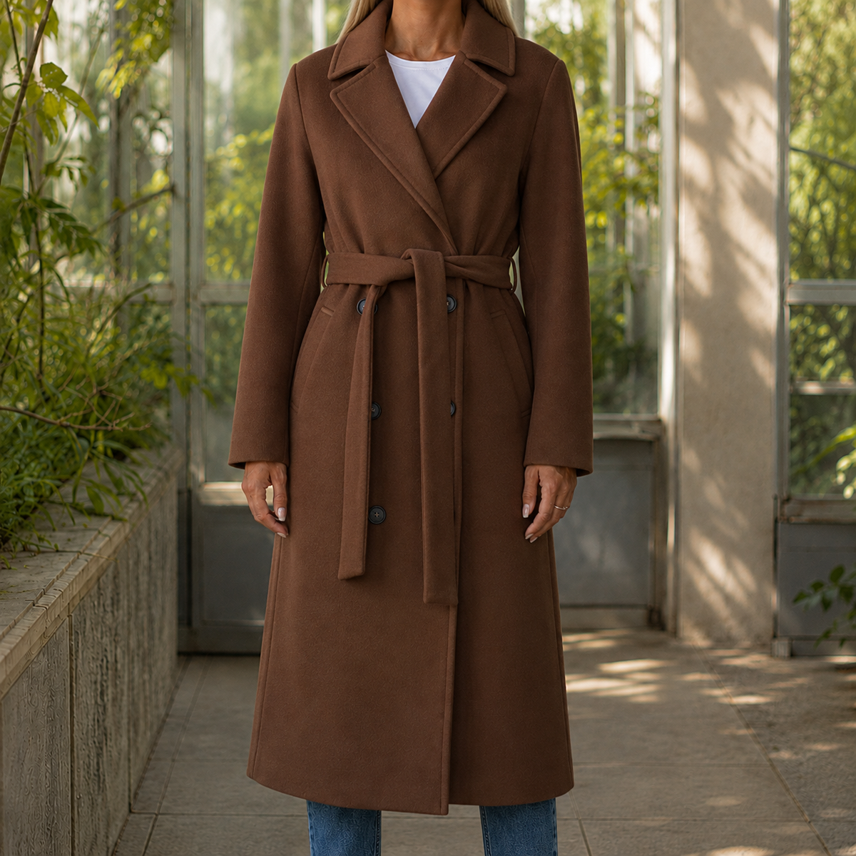 Womens belted longline coat, view 4
