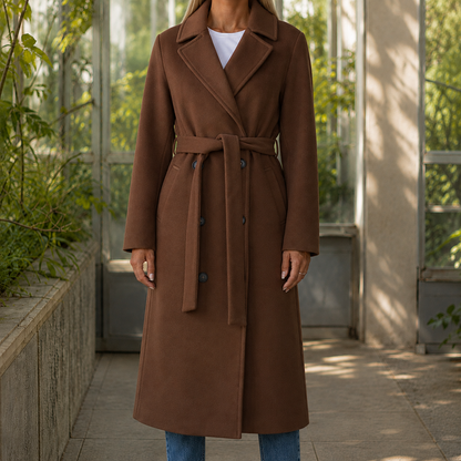 Womens belted longline coat, view 4