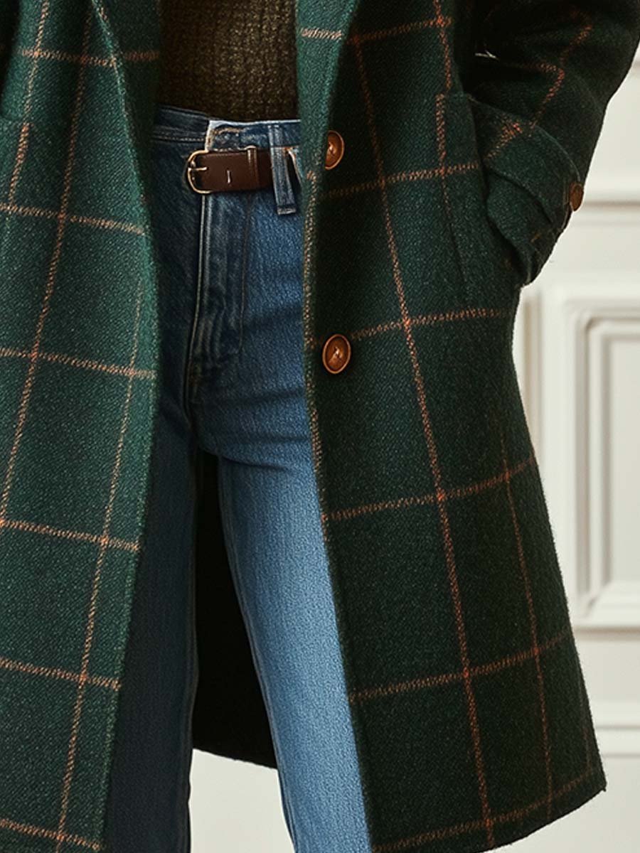 Daisy | Wool Blend Checked Coat with Lapel Collar and Belt