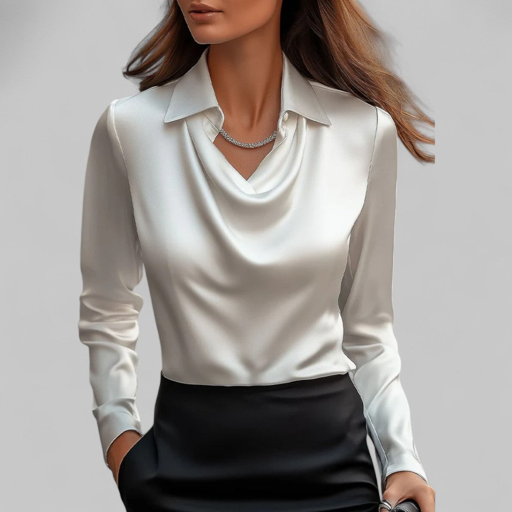 Womens satin cowl neck long sleeve blouse, view 3