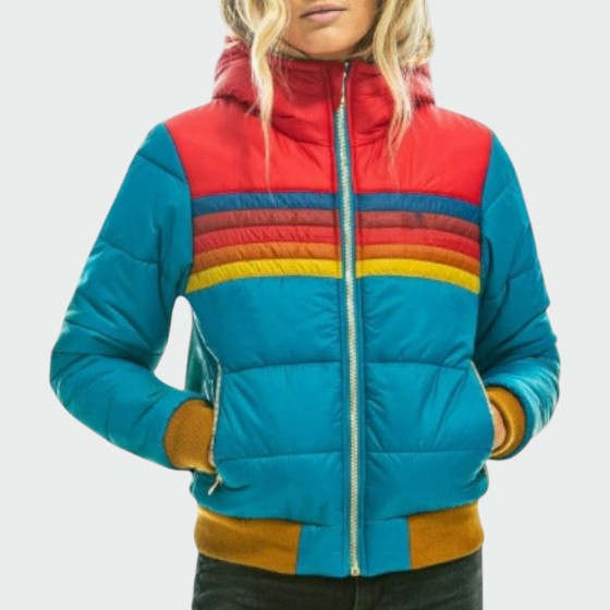 Poppy womens striped hooded puffer jacket