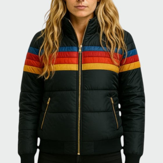 Poppy | Striped Hooded Puffer Jacket Zip Pockets