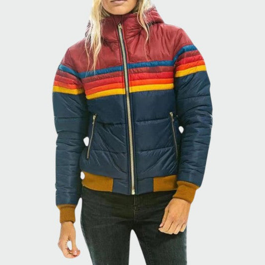 Poppy womens striped hooded puffer jacket