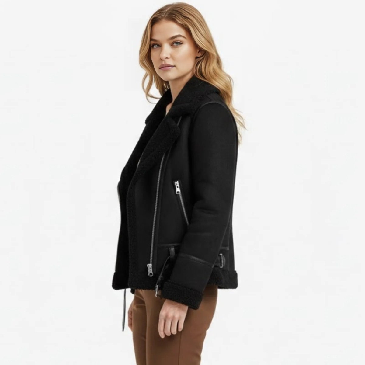 Womens faux suede shearling aviator jacket, view 3
