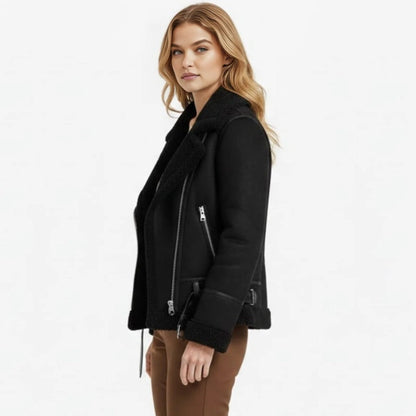 Womens faux suede shearling aviator jacket, view 3