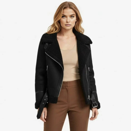 Womens faux suede shearling aviator jacket, view 1