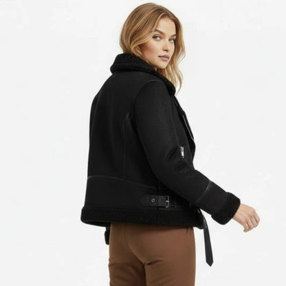 Womens faux suede shearling aviator jacket, view 4