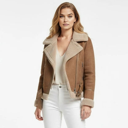 Womens faux suede shearling aviator jacket, view 2