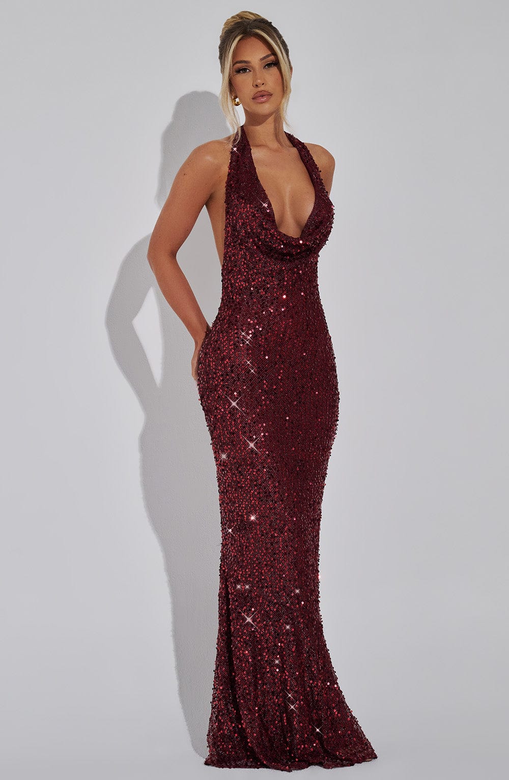 Vivienne womens red sequin halter maxi dress