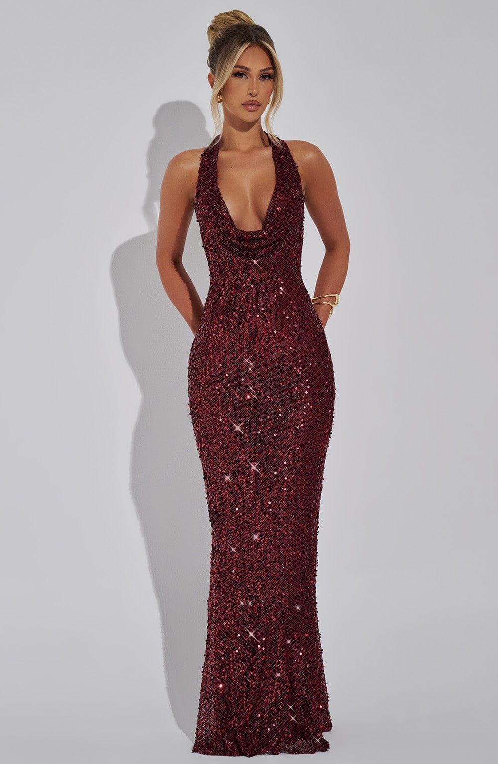 Imogen | Red Sequin Halter Maxi Dress