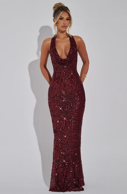Imogen | Red Sequin Halter Maxi Dress
