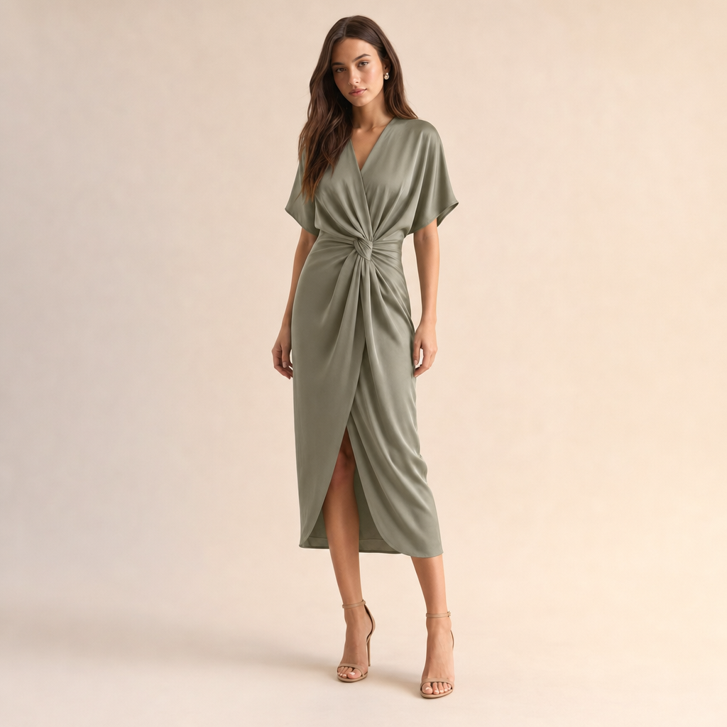 Womens wedding guest midi wrap dress, view 3