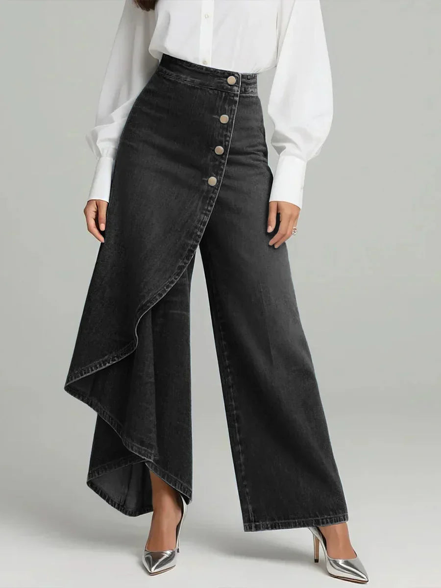 Womens wide-leg jeans with asymmetric denim overlay, view 2