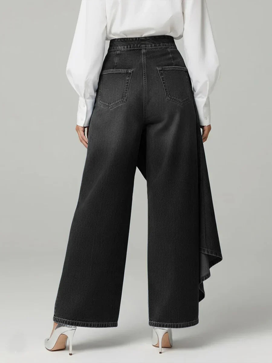 Womens wide-leg jeans with asymmetric denim overlay, view 4