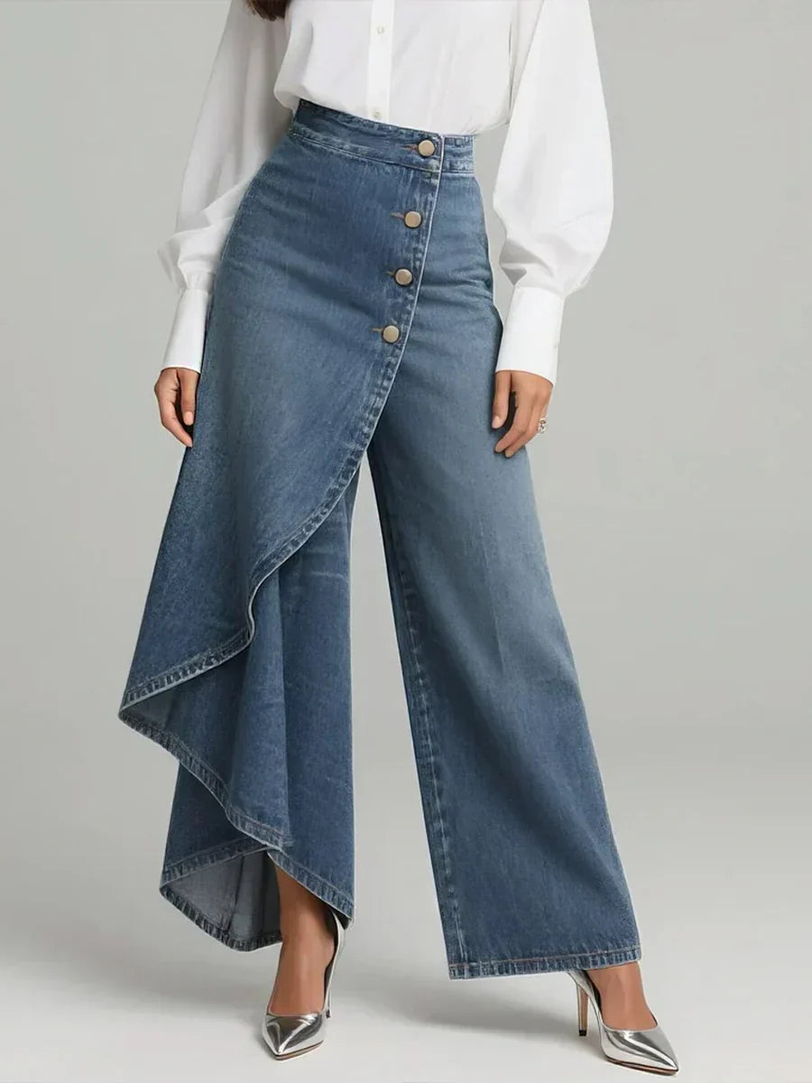 Womens wide-leg jeans with asymmetric denim overlay, view 3