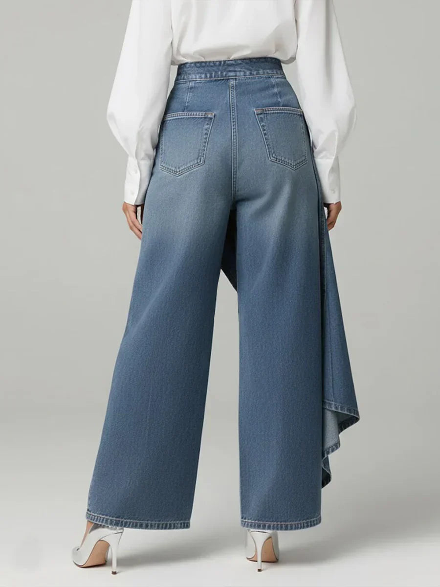 Womens wide-leg jeans with asymmetric denim overlay, view 5