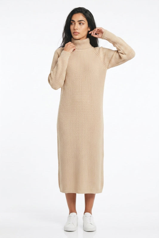 Womens ribbed knit turtleneck midi dress, view 1