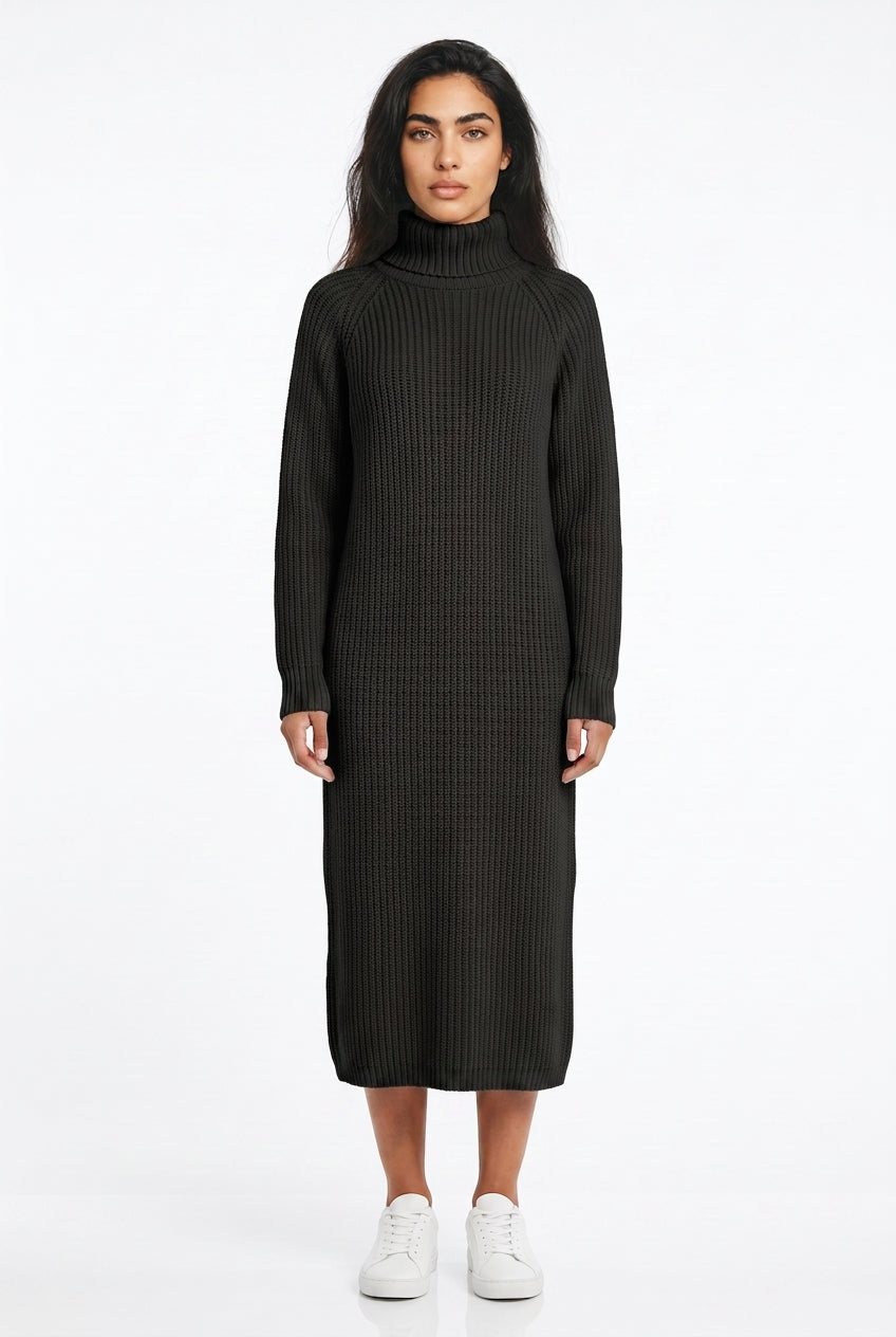 Womens ribbed knit turtleneck midi dress, view 3